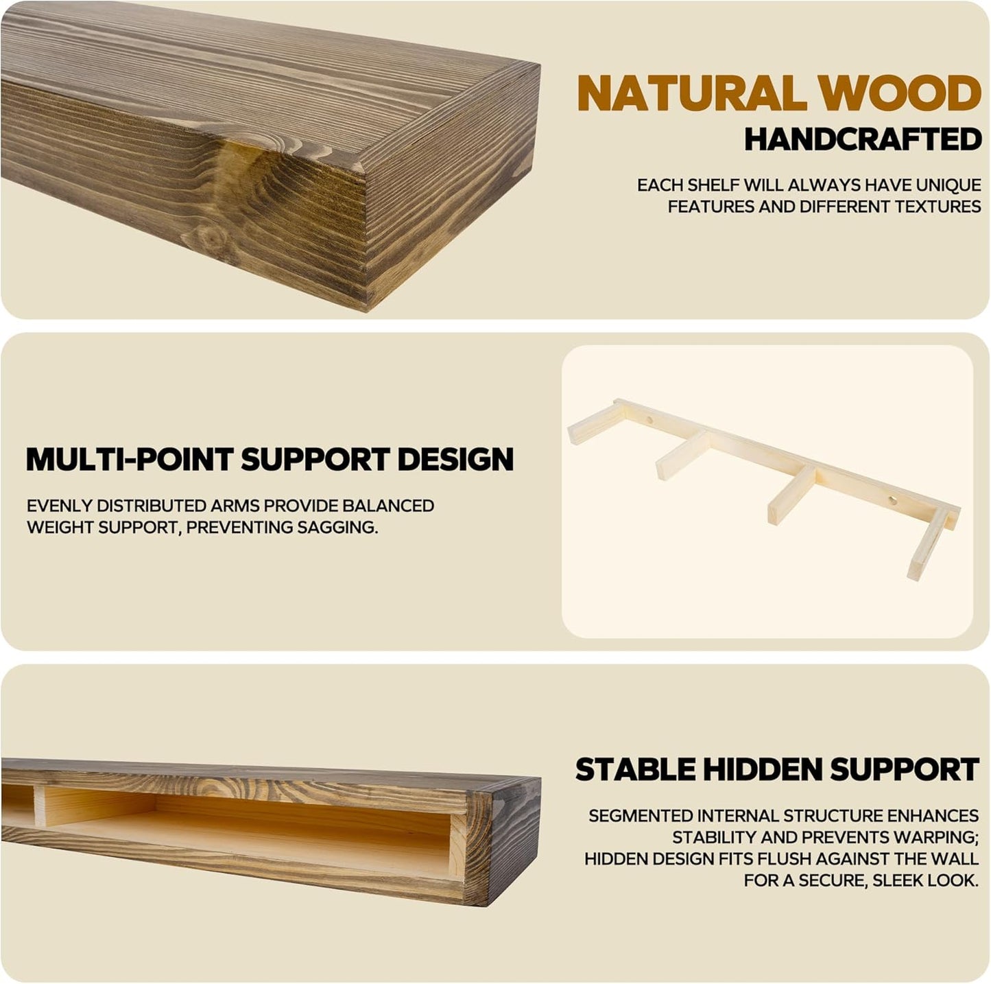 Floating Shelves 3 inch Thick for Wall Set of 2,Solid Pine Wood Wall Mount Shelf for Kitchen Living Room Bedroom Bathroom,8" D x 36" L x 3" H-Black Walnut