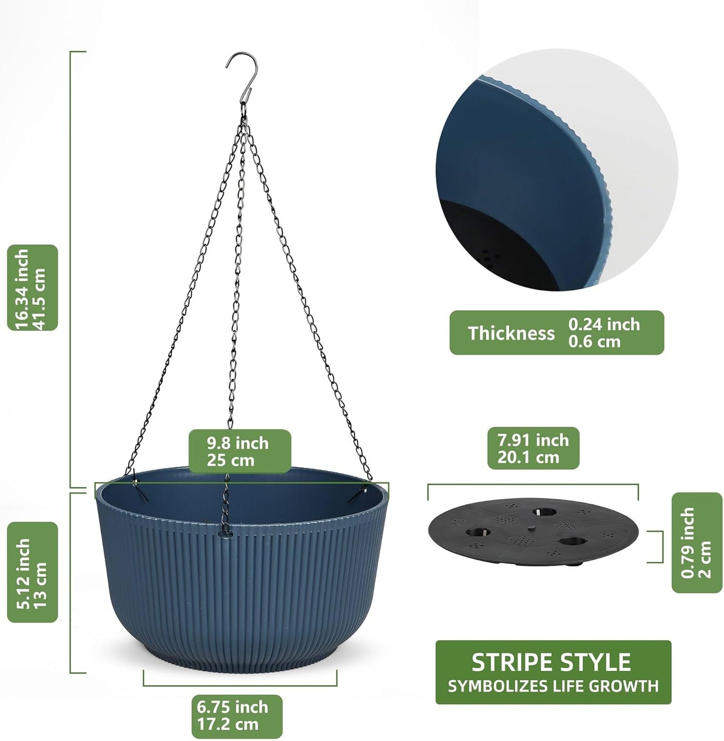 Dexceder 9.8 Inch Self Watering Hanging Planters Indoor Outdoor, Thickened Hanging Basket Flower Plant Pot (2 Pack, Deep Blue)