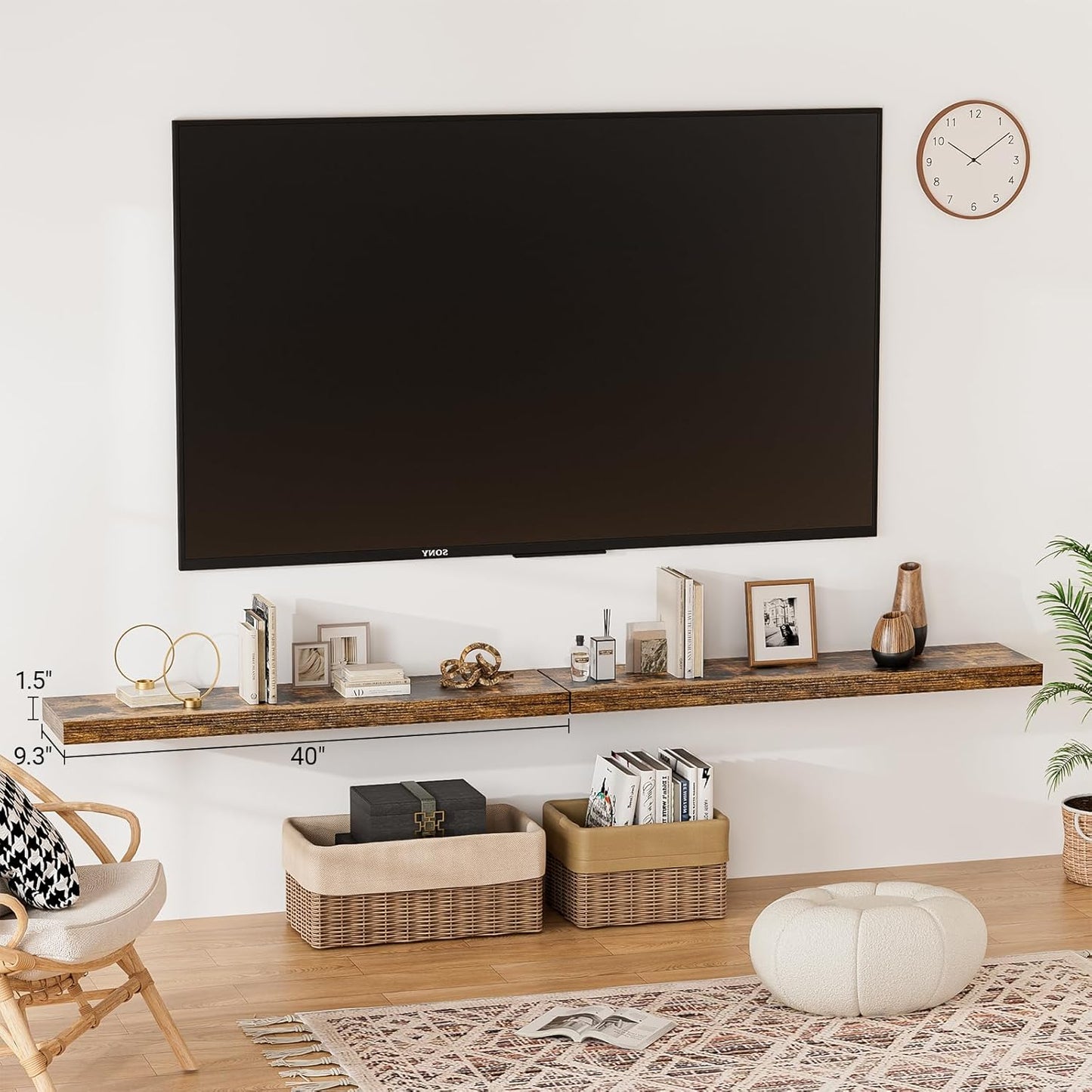 Heimlove 40 Inches Floating Shelves for Wall,9.3" Deep Rustic Brown Long Floating Shelves Set of 2,Large Display Shelf & Storage Shelf,Wall Shelf for Bathroom Bedroom Living Room Kitchen Office