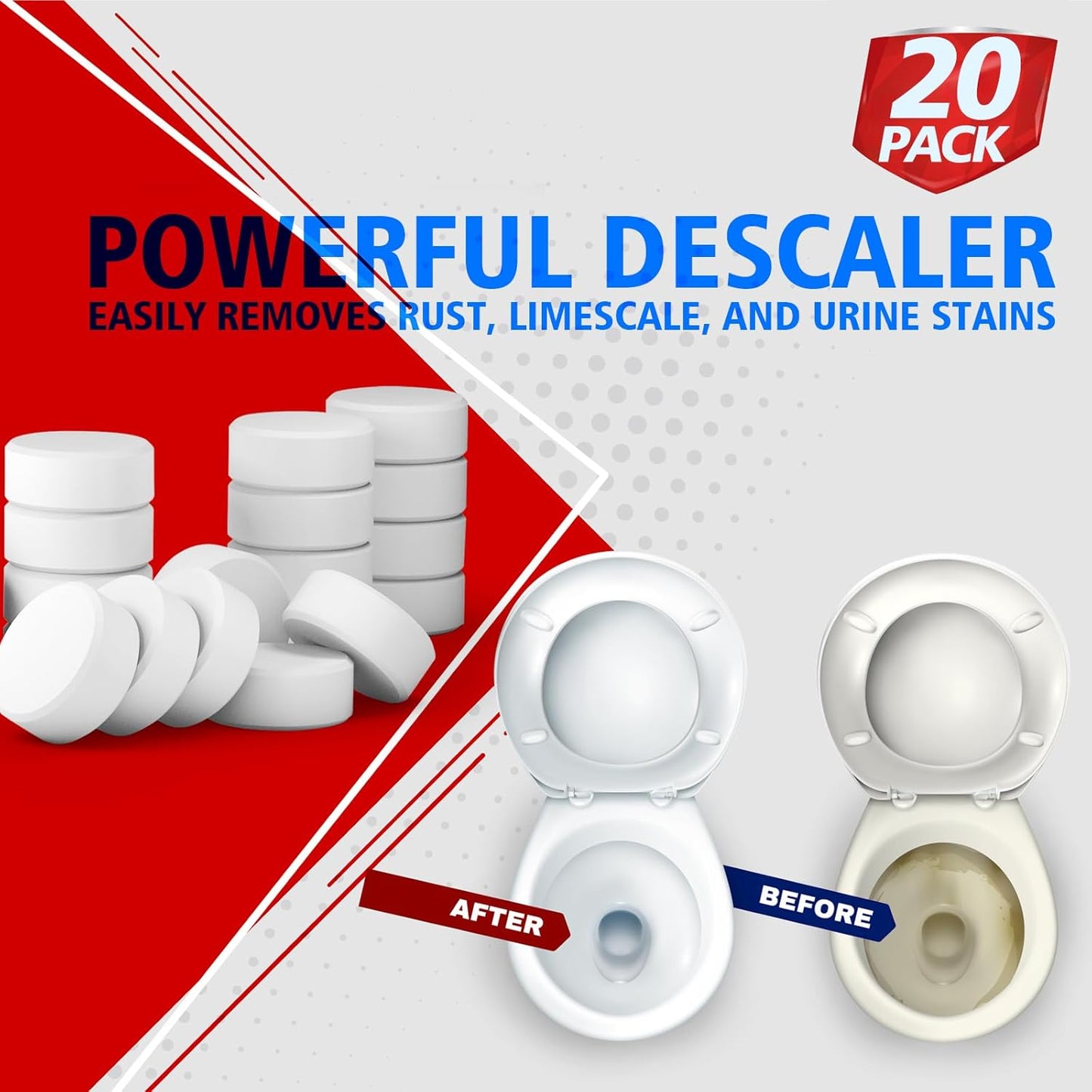 USKICH Toilet Bowl Cleaner Tablets 20 PACK, Bathroom Automatic Toilet Tank Cleaners with Bleach, Slow-Releasing Household Toilet Cleaners for Deodorizing, Descaling, against Tough Stains