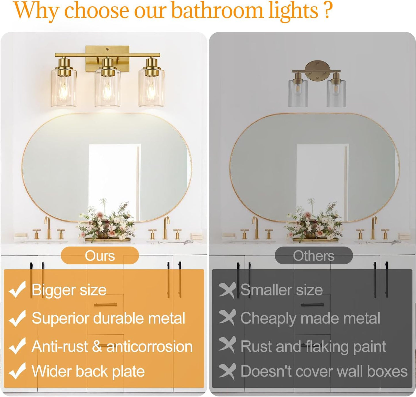 3-Light Vanity Lights with Clear Glass Shades, Brushed Gold Bathroom Light Fixtures Over Mirror, Modern Bathroom Wall Lamp for Mirror Living Room Cabinet Bedroom Porch
