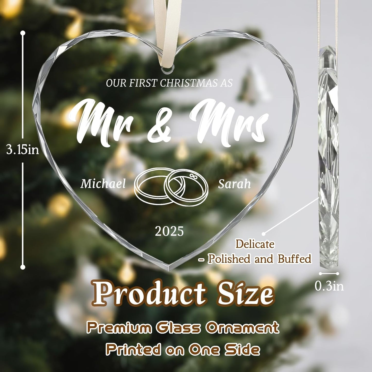 First Christmas Married Ornament 2025, Custom Wedding Crystal Glass Ornament with Photo, Name or Date, Personalized Wedding or Bridal Shower Gifts for Newlyweds