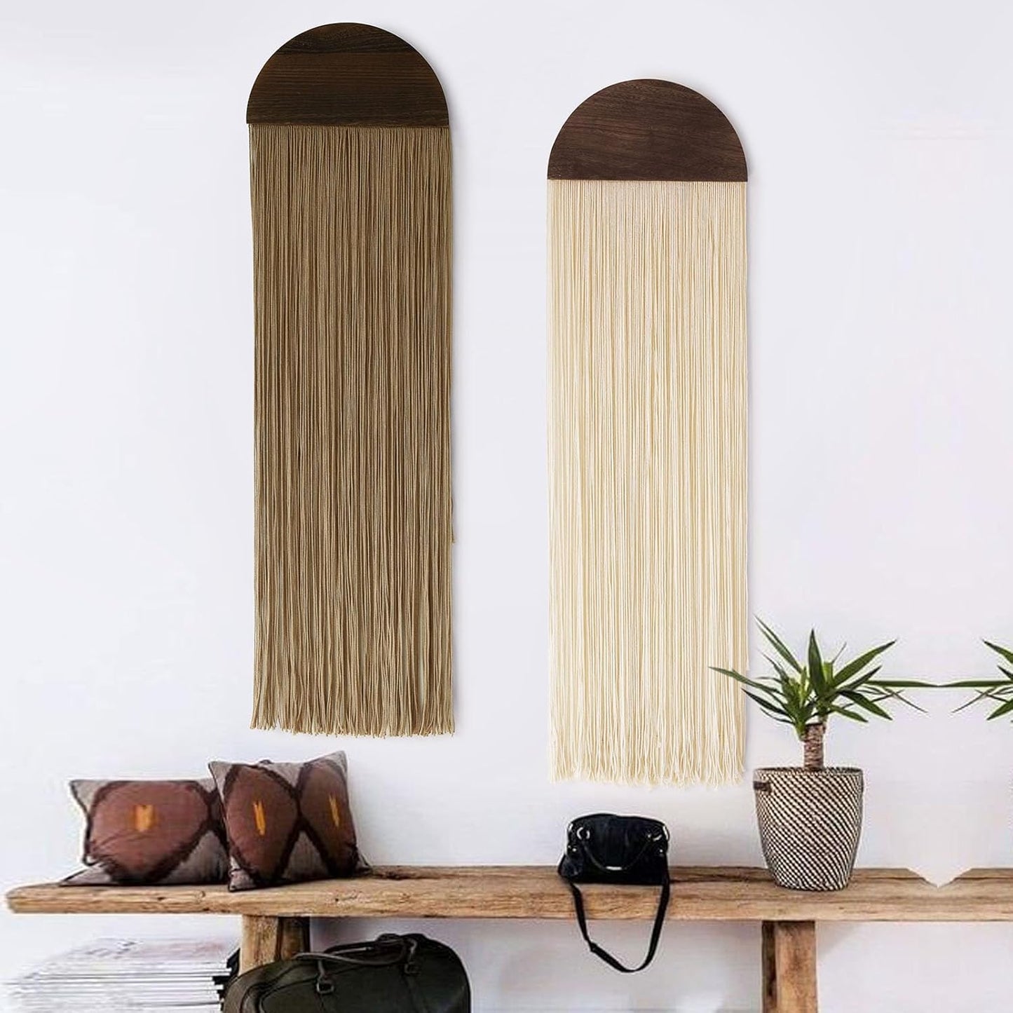 Flber 2 Pcs Macrame Wall Hanging Boho Wall Decor Handmade Macrame Art Tapestry Wedding Macrame Backdrop 13.7" W x 51" L For Living room Bedroom Headboard Decor