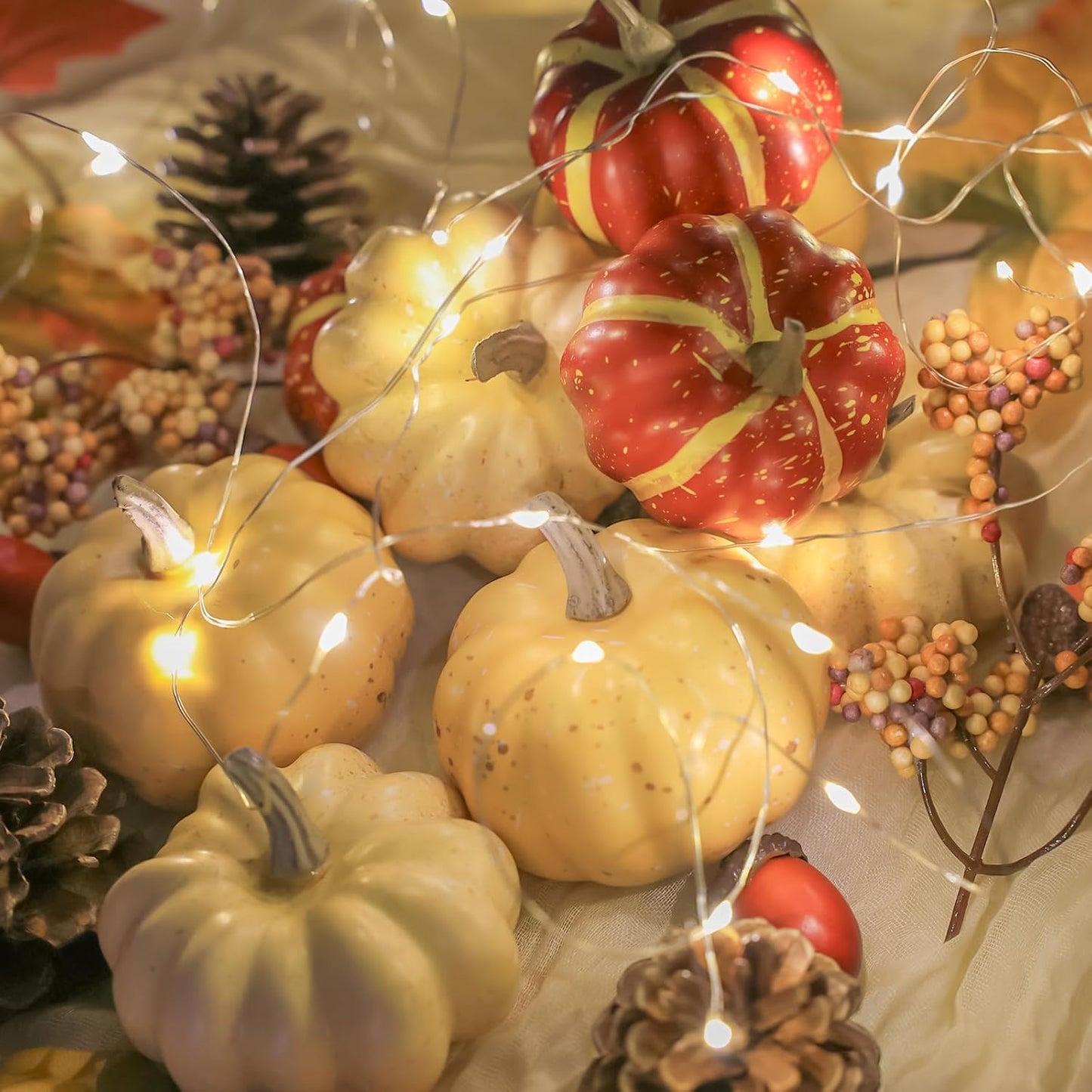 23Pcs Fake Pumpkins Fall Thanksgiving Decorations,Plastic Pumpkins with Acorns,Maple Leaves,Pine cones,Berries, Artificial Mini Pumpkin Decorating Harvest Home Decor Centerpiece Table Decorations