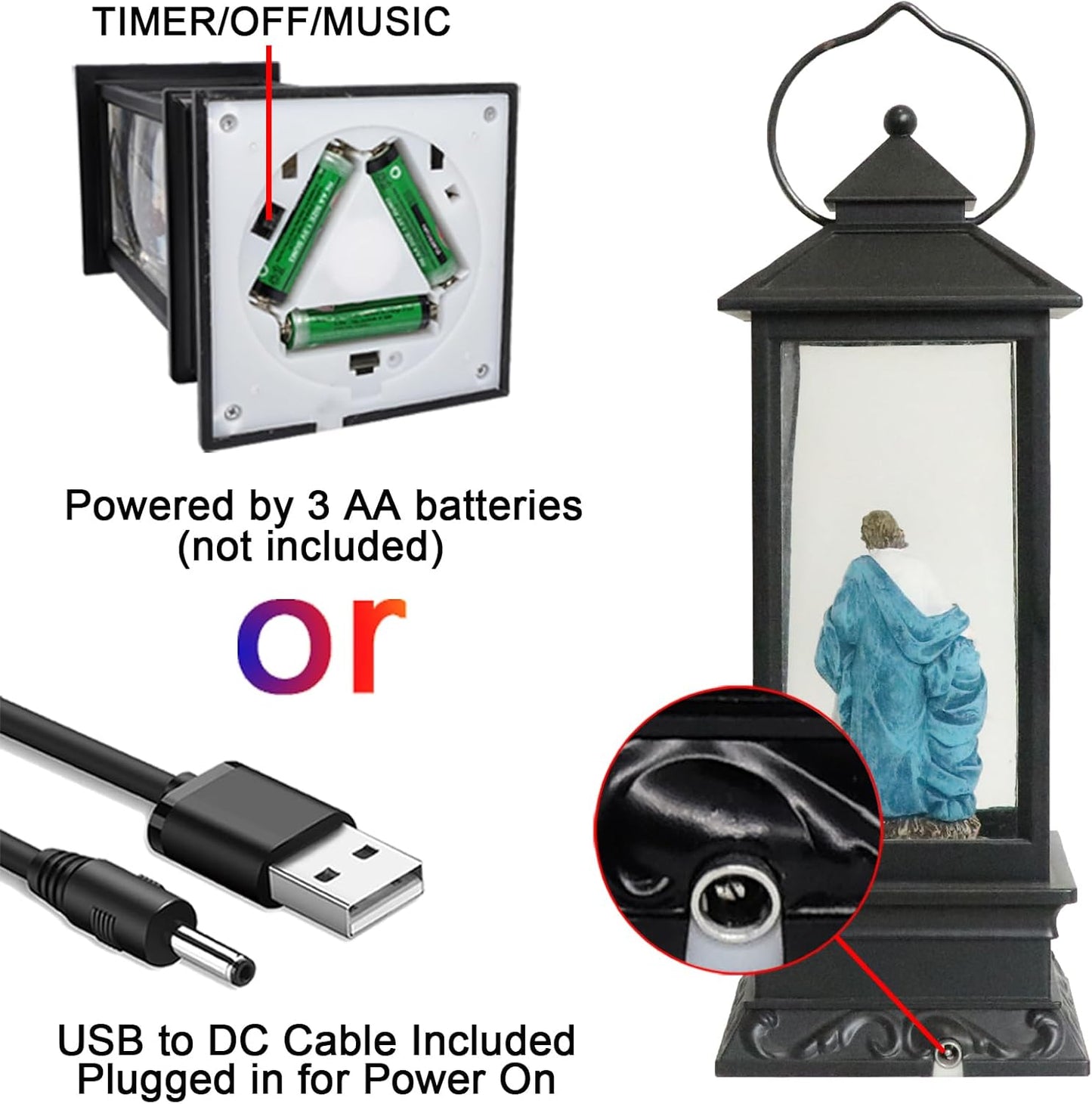 Eldnacele Battery Operated Plug-in Musical Lighted Christmas Water Snowing Glittering Snow Globe Lantern with Timer Christians Nativity Lantern Decor, Holy Family