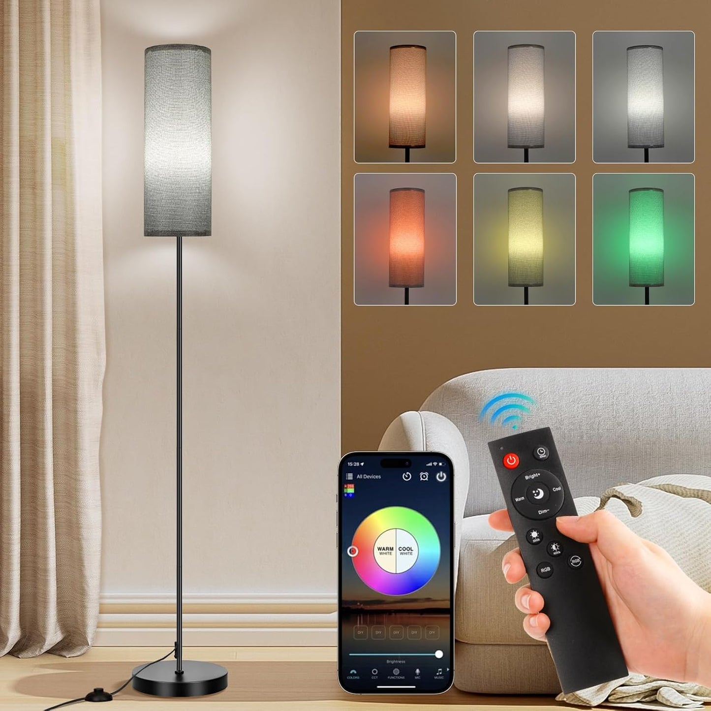 FRIDEKO HOME Gray Floor Lamps for Bedroom, Dimmable Colors Temperature & Brightness, Plug in Modern Floor Lamps for Living Room, Tall Standing Lamps for Office, Corner Lamp, 9W RGB LED Bulb