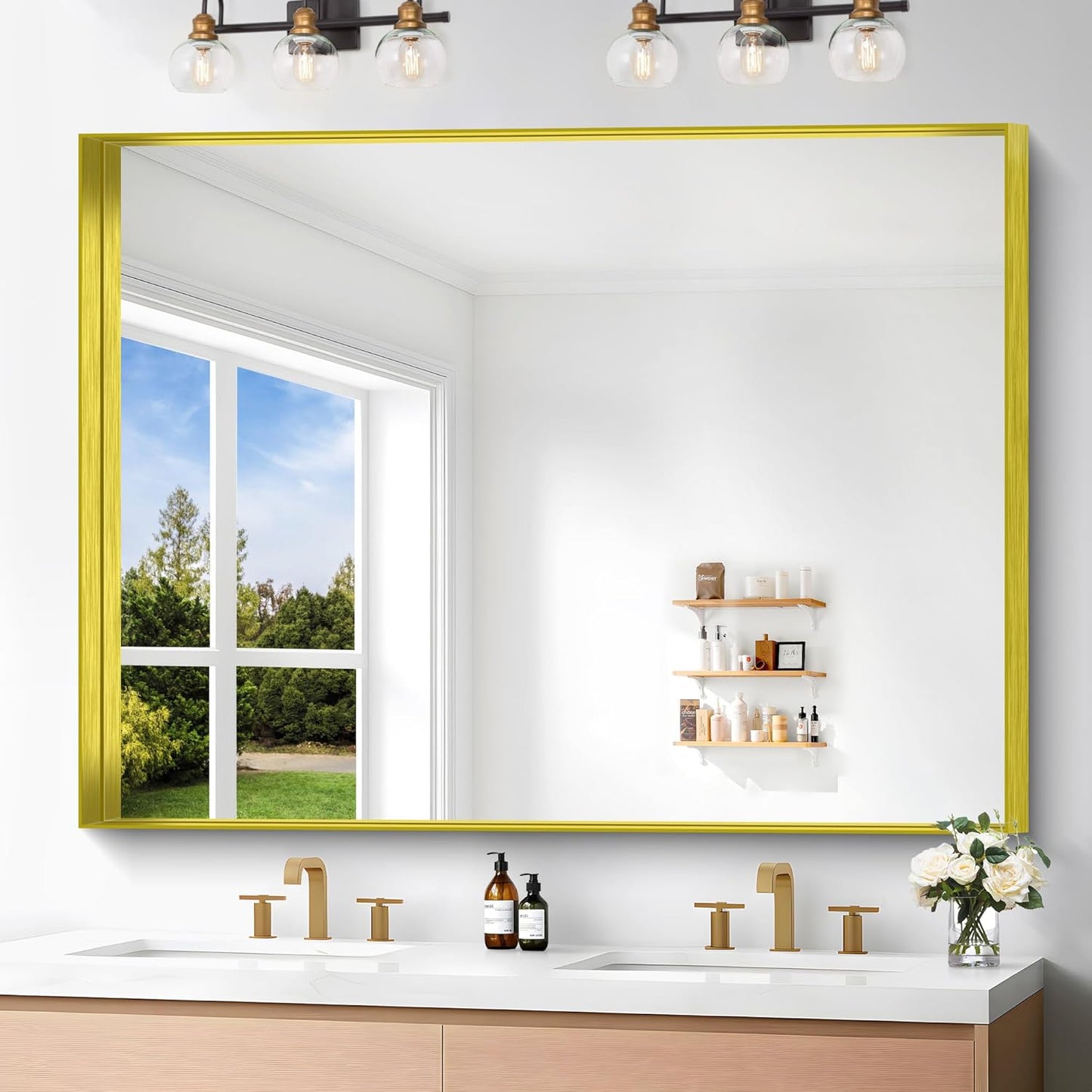 Gold Bathroom Mirror, 36x48 Inch Rectangular Framed Mirror, Large Wall Mounted Bathroom Vanity Mirror Over Sink for Bedroom,Restroom, Living Room, Hangs Vertically or Horizontally