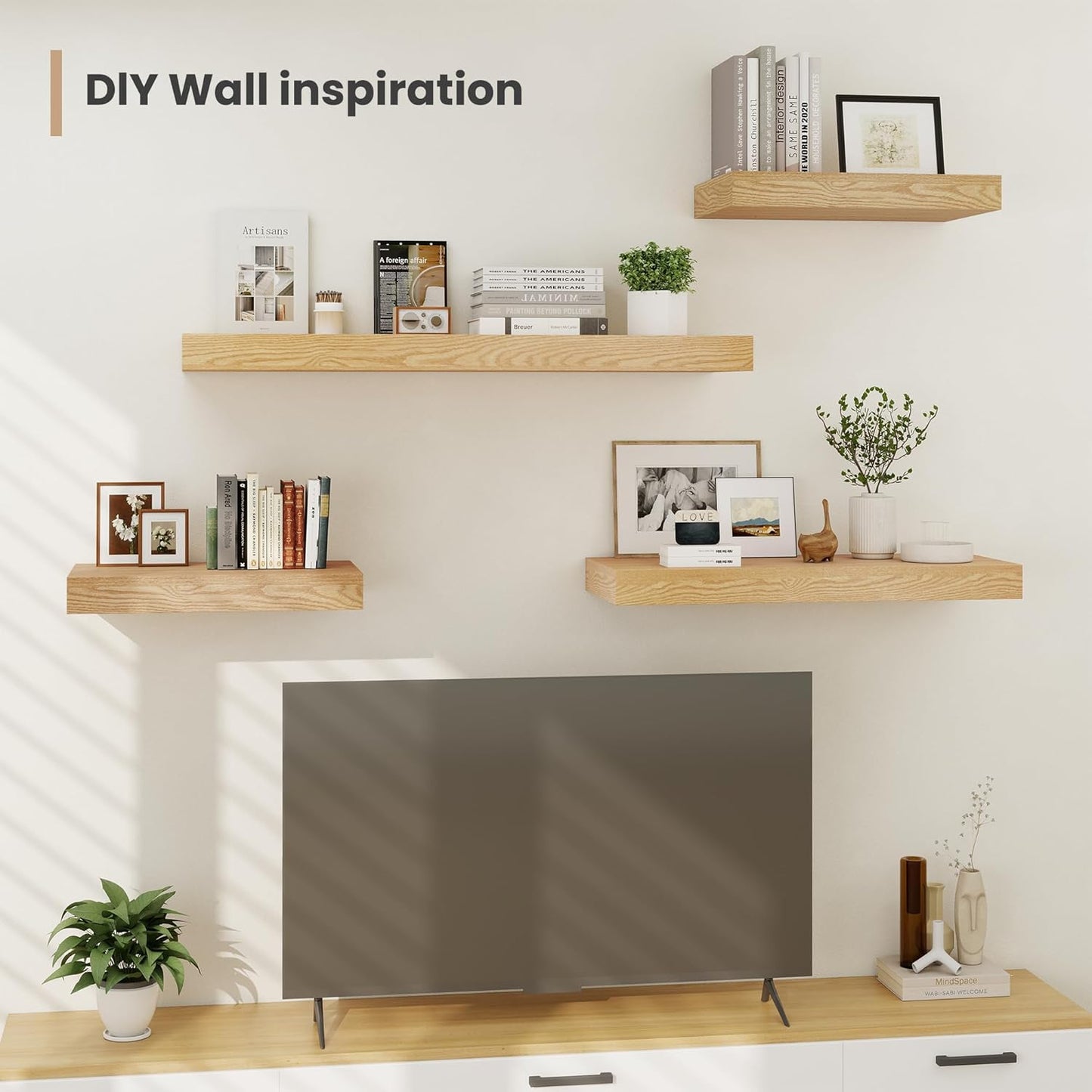 Heimlove 12 Inch Deep Floating Shelves, 48 x 12 inches Long Wall Shelf, Large Display Shelf & Storage Shelf, Rustic Wood Wall Shelves for Fireplace Mantel, Set of 2(Oak)