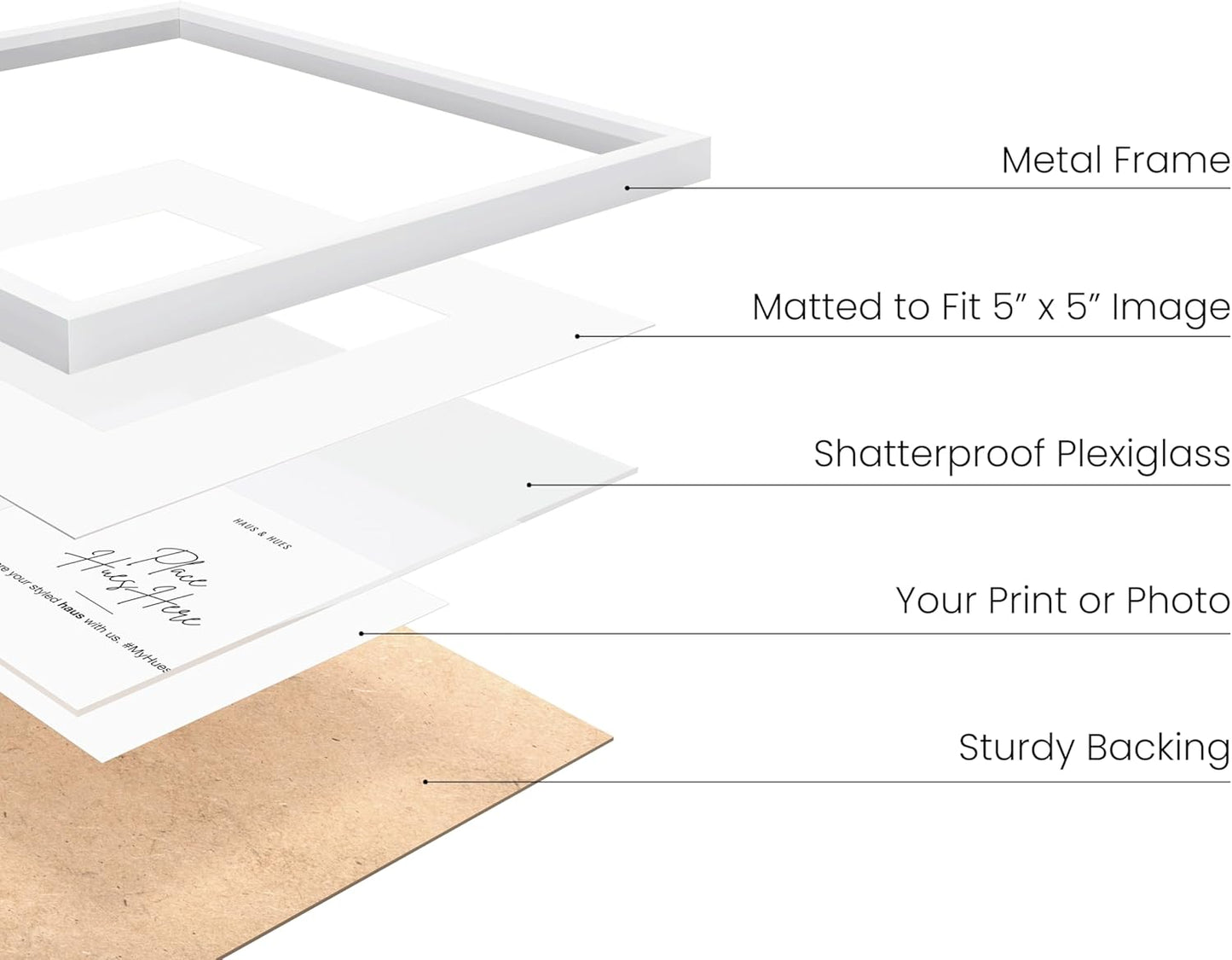 HAUS AND HUES 10x10 White Metal Picture Frames Matted to 5x5 - Features Premium Aluminum & Hanging Hardware, Shatterproof Plexiglass - Ideal for Home, Room, Office (10x10 in, White, Set of 9)