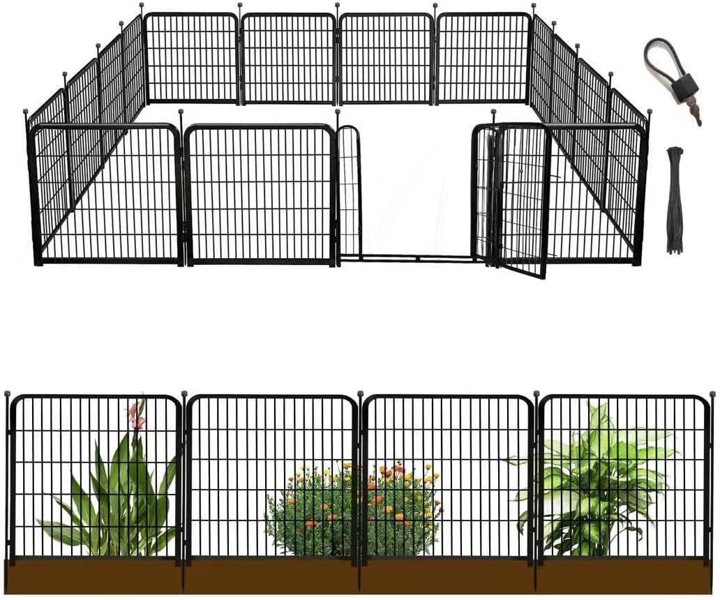 24 in(H) Decorative Garden Fence with Gate,16 Panels Total 31.4 Ft(L) Heavy Duty Iron Animal Barrier Fence for Yard,Suitable for Indoor Pet Or Outdoor Dog Fencing, Garden Border Fence
