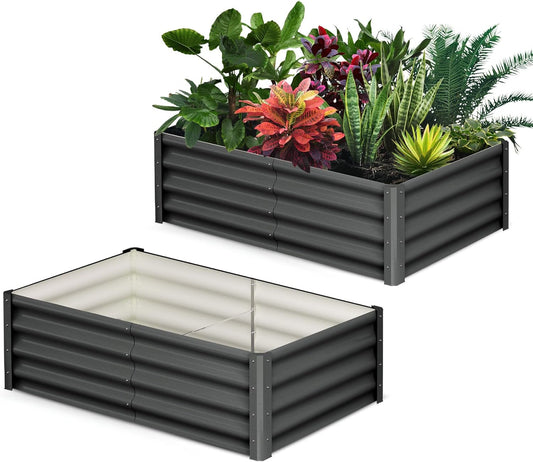 Galvanized Raised Garden Bed Outdoor, 2 Pcs 6x3x1FT Outdoor Large Planter Raised Beds Open Base with Safety Edge and Glove for Vegetables Flowers Ground Planter, Dark Gray