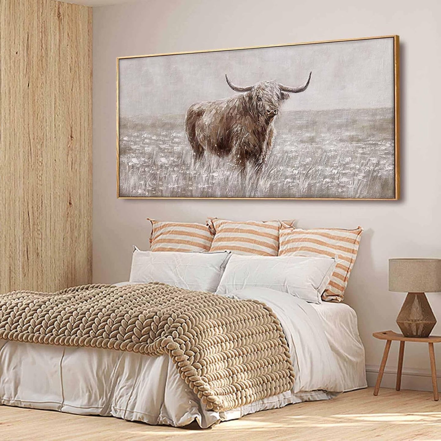 Farmhouse Highland Cow Wall Decor on Canvas with Framed Large Landscape Brown Artwork for Bedroom Living Room Office Decor 29x58 Inch
