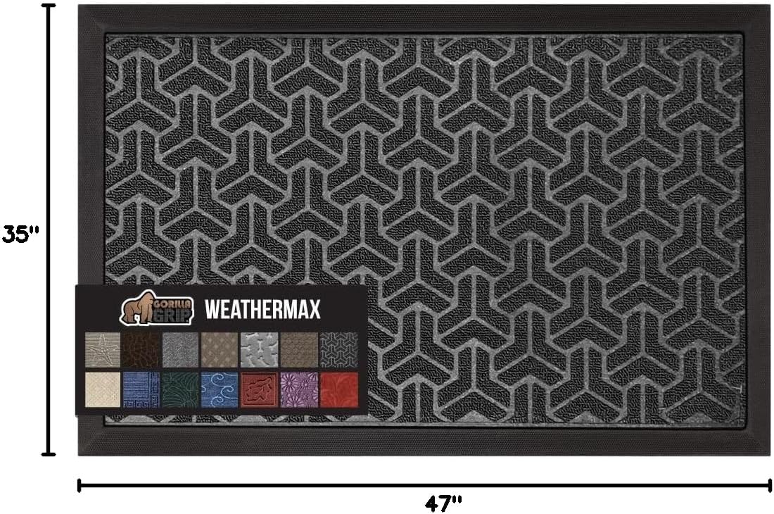 GORILLA GRIP 100% Waterproof All-Season WeatherMax Doormat, 47x35, US Designed Natural Rubber, Stain and Fade Resistant, Low Profile Indoor Outdoor Door Mats, Easy Clean Patio Mat, Slate Geometric