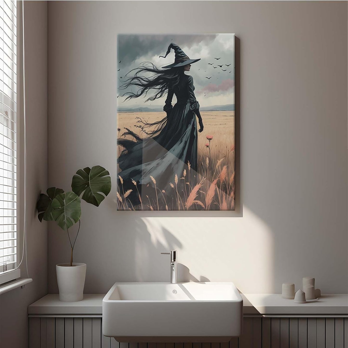 Gothic Decor Canvas Wall Art Witch in Rice Field Halloween Art Decor Print Nature Print Victorian Home Bedroom12x16in Wood Framed