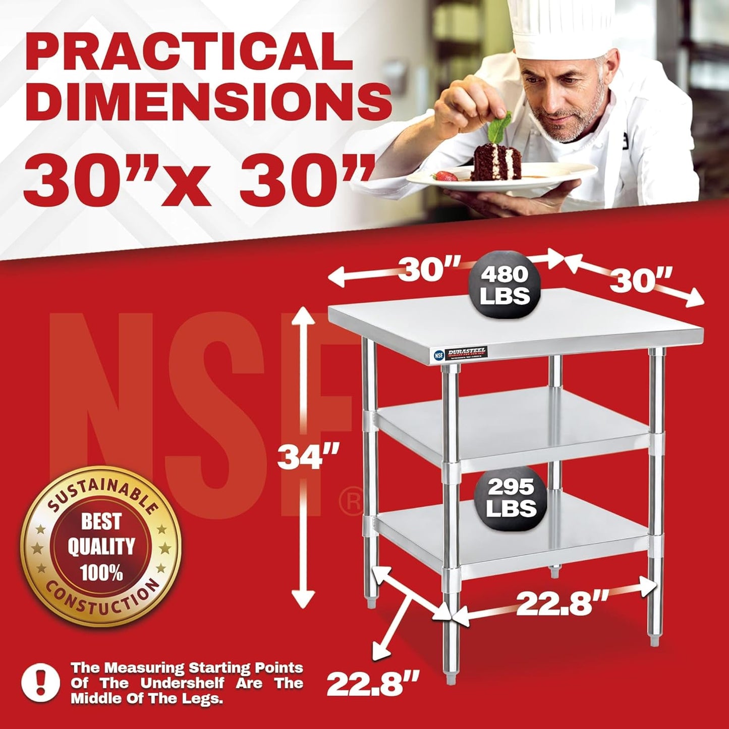DuraSteel Food Prep Stainless Steel Table - 30 x 30 Inch Commercial Metal Workbench with Adjustable Under Shelf - NSF Certified - for Restaurant, Warehouse, Home, Kitchen, Garage