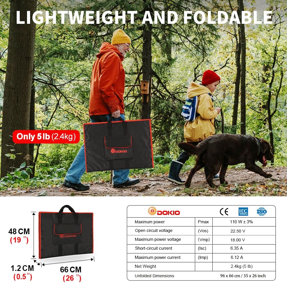 DOKIO 100W Portable Foldable Solar Panel Kit, Compact 21x28in Design 5.9lb with Standalone Controller and USB, Monocrystalline Charger for 12V Batteries, Power Stations, RV Camping Emergency Use