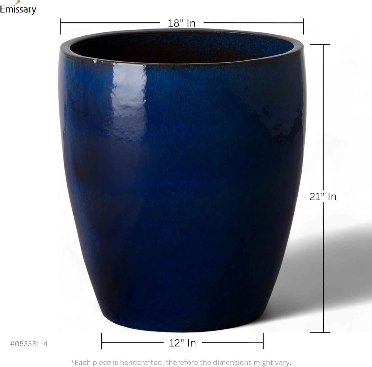 Emissary Bullet 18 in. Blue Ceramic Round Planter (18 in. L x 18 in. W x 21 in. H) with Drainage Hole