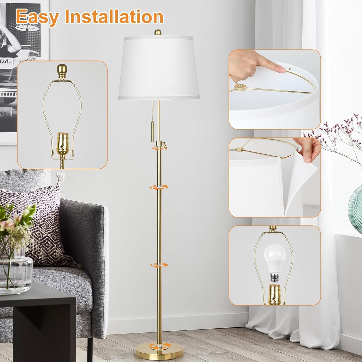 Gold Floor Lamp for Living Room, Tall Standing Lamp 55-65" Adjustable Modern Brass Floor Lamps for Bedroom Reading Office Kids 3 Color Lights Corner Night Stand (9W LED Bulb, White Shade)