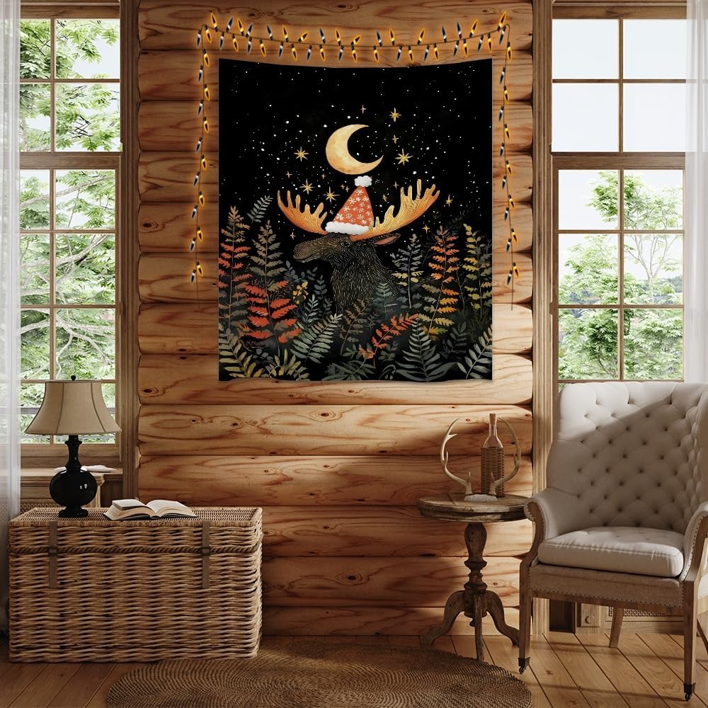Cute Moose Tapestry Winter Christmas Aesthetic Wall Hanging Decor Funny Animal Lover Gift Whimsical Christmas Tapestries for Nursery Kids Bedroom Home Living Room Decoration 70x90inch