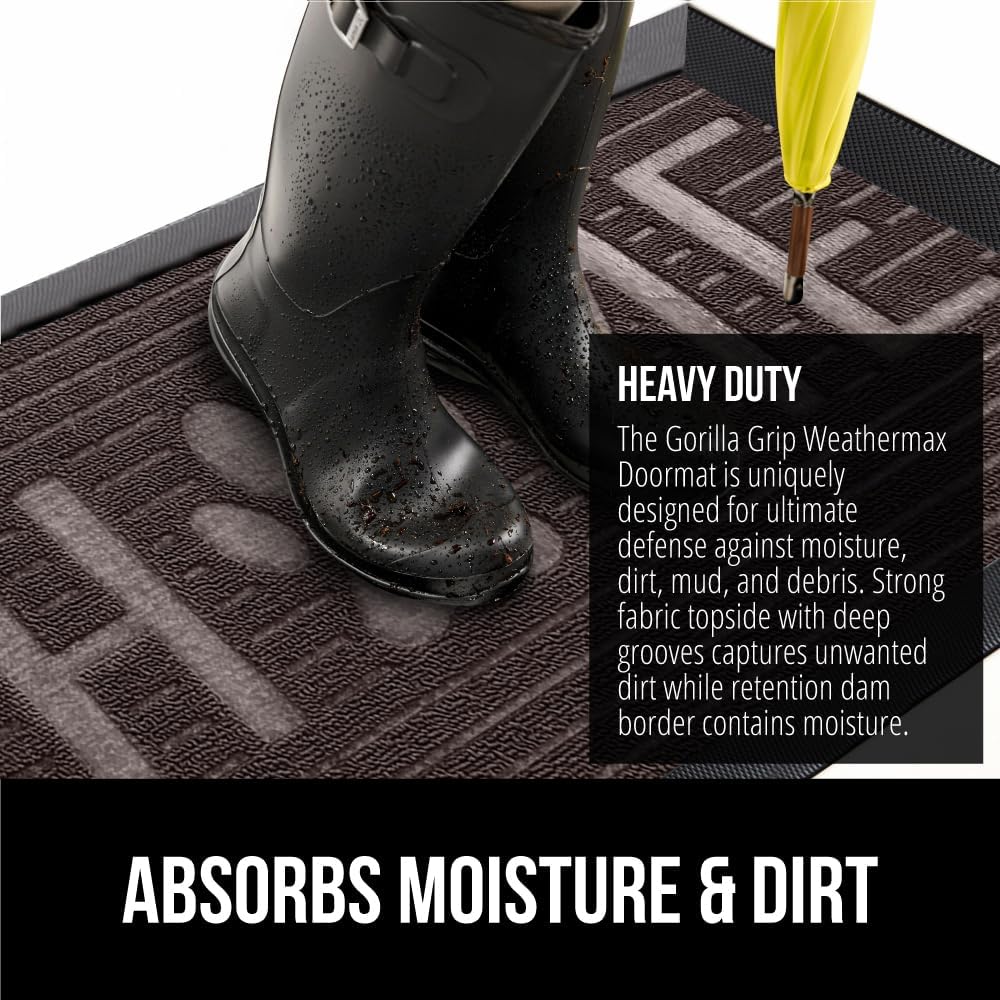GORILLA GRIP 100% Waterproof All-Season WeatherMax Doormat US Designed Natural Rubber, Stain and Fade Resistant, Low Profile Indoor Outdoor Door Mats, Easy Clean Patio Mat, Espresso Home Paw