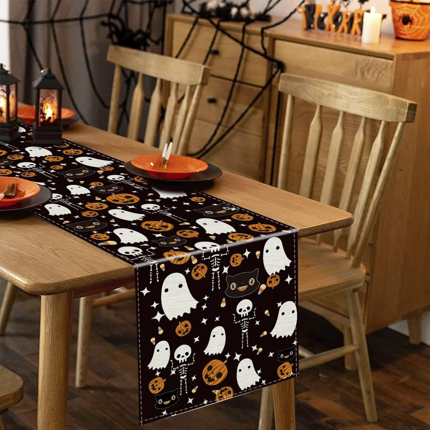 Halloween Table Runner Black Cat Pumpkins Seasonal Kitchen Dining Table Home Outdoor Party Decorations 13x120 Inch