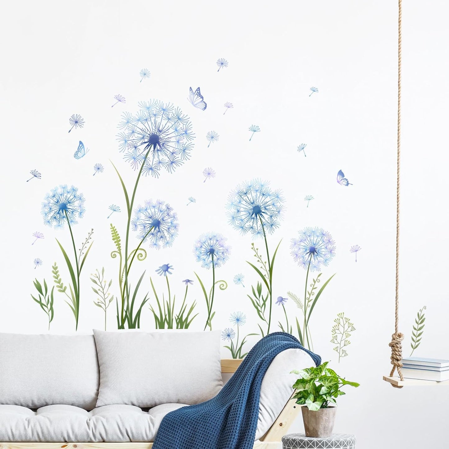 Dandelion Flower Butterfly Wall Decals Blue Dandelion Plants Floral Wall Stickers Peel and Stick Vinyl Wall Art Decor for Living Room Bedroom Office TV Sofa Backdrop Home Decor Gifts for Mom