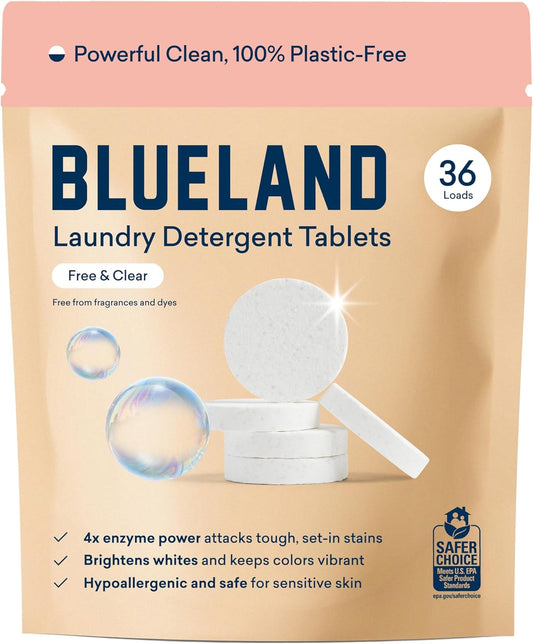 BLUELAND Laundry Detergent Tablets, 36 Count, Plastic-Free Eco-Friendly Pods, Sheets, Liquid Alternative - Fragrance Free and Clear, Natural, Gentle