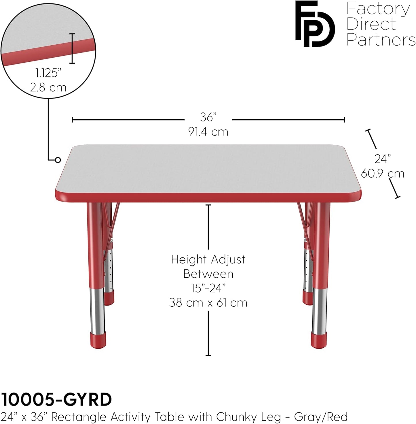 FDP Rectangle Activity School and Classroom Kids Table (24 x 36 inch), Chunky Toddler Leg, Adjustable Height 15-24 inches - Gray Top and Red Edge