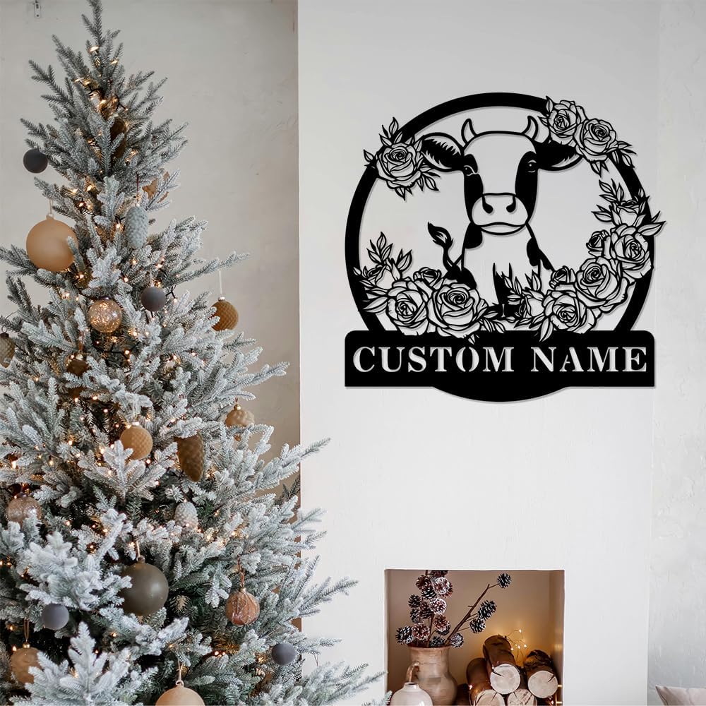 Custom Cow Metal Sign, Personalized Family Name Wall Art, Farm Customized Decor Gifts for Housewarming, Flower Plaque for Farmhouse Bedroom Outside Garden Yard Ranch