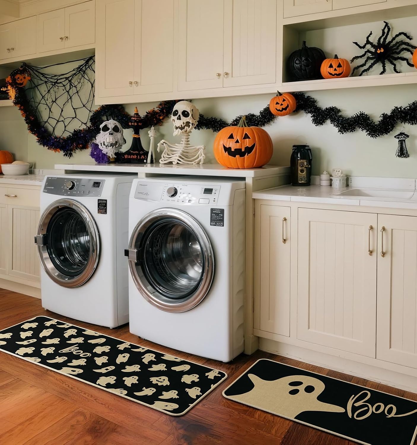 Halloween Kitchen Mat Set of 2, Ghosts Boo Halloween Kitchen Decor, Halloween Rug for Floor, Indoor Spooky Home Decor with Non-Slip Backing,17 x 29 Inch & 17 x 47 Inch