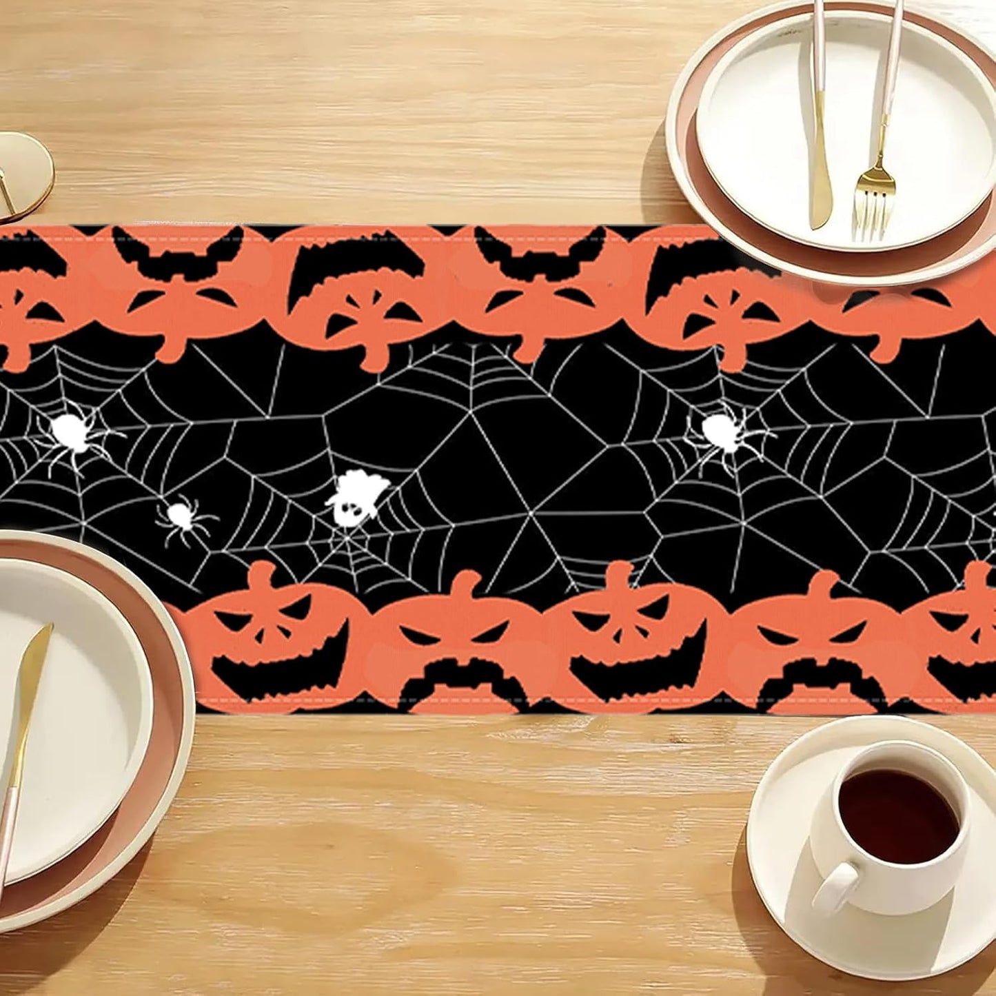 Halloween Table Runner Black and Orange Pumpkin Spider Web Table Linen Runner Halloween Decoration 13x36 Inch Table Runner for Dinning Kitchen Indoor Outdoor Halloween Kitchen Decor