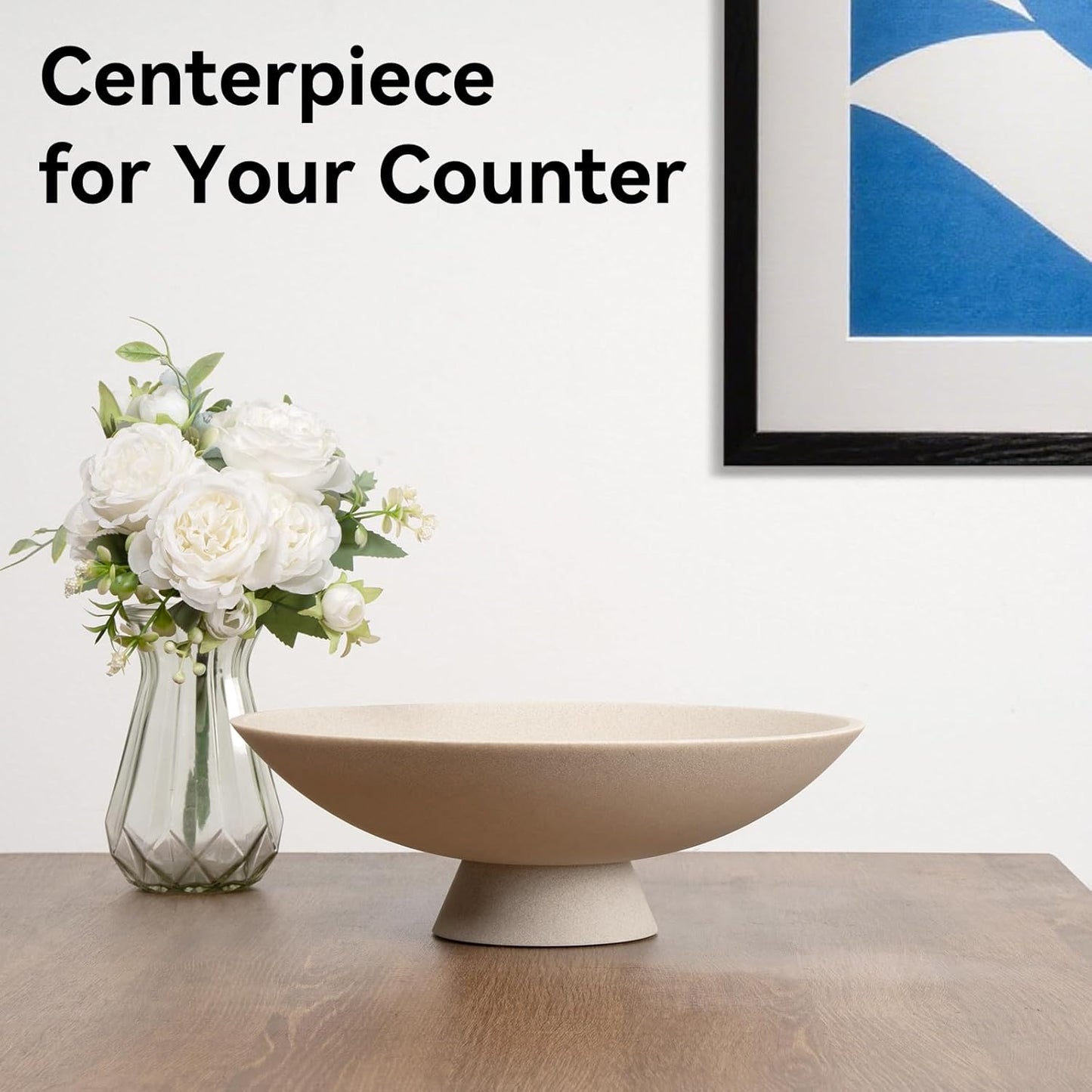 Decorative fruit bowl for Home Decor Large Modern Handicraft Key Bowl for Entryway Table Stylish Centerpiece Purse Bowl Pedestal bowl for Kitchen Counter Coffee Table(Artificial Stone Beige)