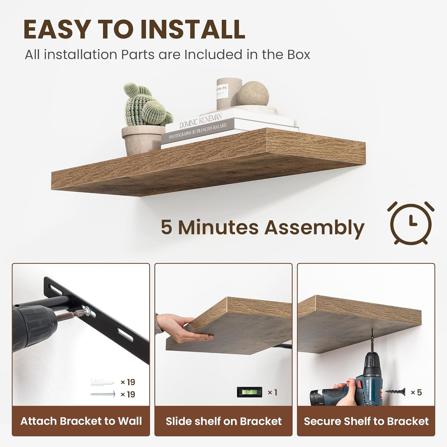 36 Inch Floating Shelves, 12 Inch Deep Floating Shelves for Wall, Floating Shelf with Invisible Brackets, Deep Shelves for Bathroom, Bedroom, Living Room, 2 Pack, Brown