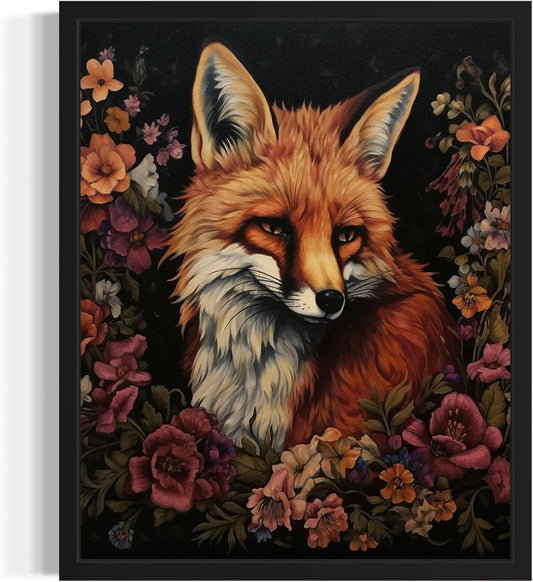 Fox and Flower Poster Art Print, Halloween Scary Vintage Wall Art Academia Spooky Painting Decoration for Horror Prints, Gothic Posters Bedroom Decor 89 (Fox and Flower, 11 x 14 inches, Black Frame)