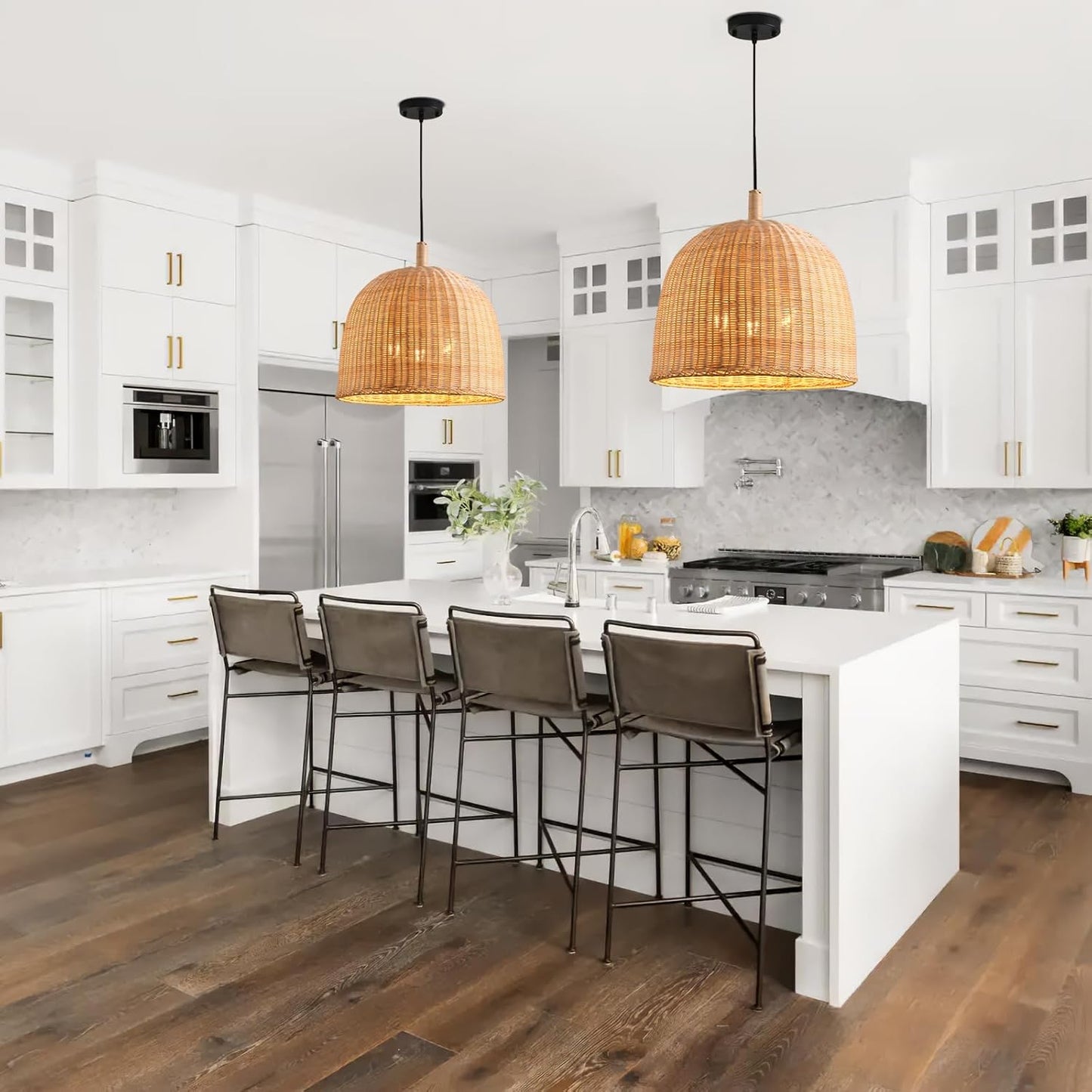 3-Light Rattan Pendant Light,17.7" Boho Pendant Light Wicker Hanging Light,Hand-Woven Rattan Chandelier for Dining Living Bedroom Kitchen Farmhouse