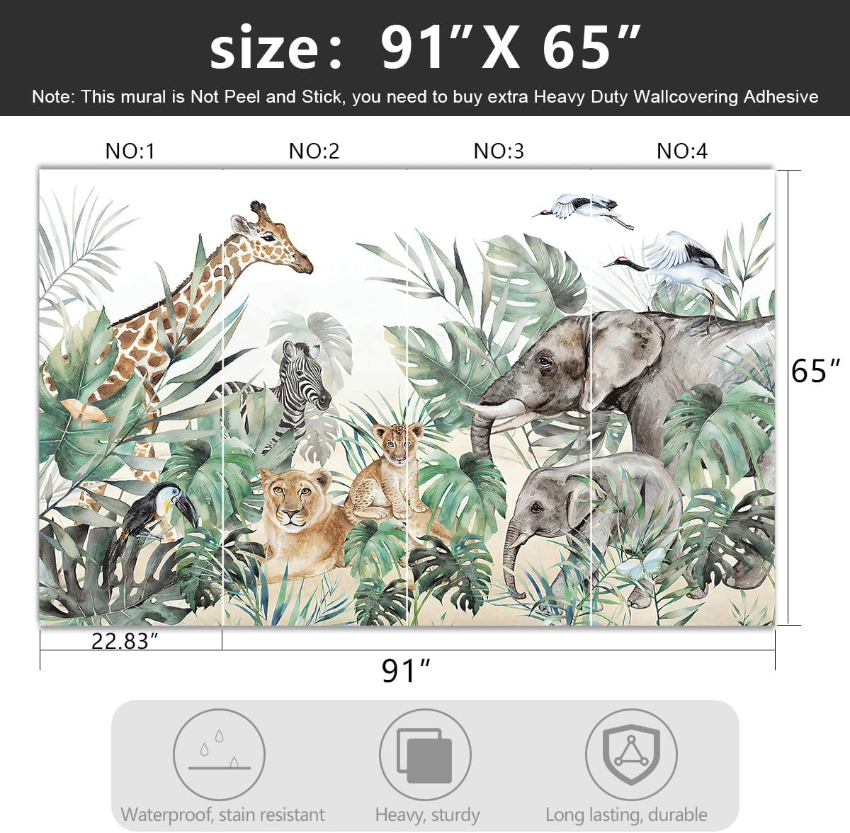 -Tropical Rainforest Plants Animals Tigers Fabric Wallpaper Jungle Plants Banana Leaves Boys Girls Kindergarten Children Bedroom Large Mural- 91"x65"（ not Peel and Stick）