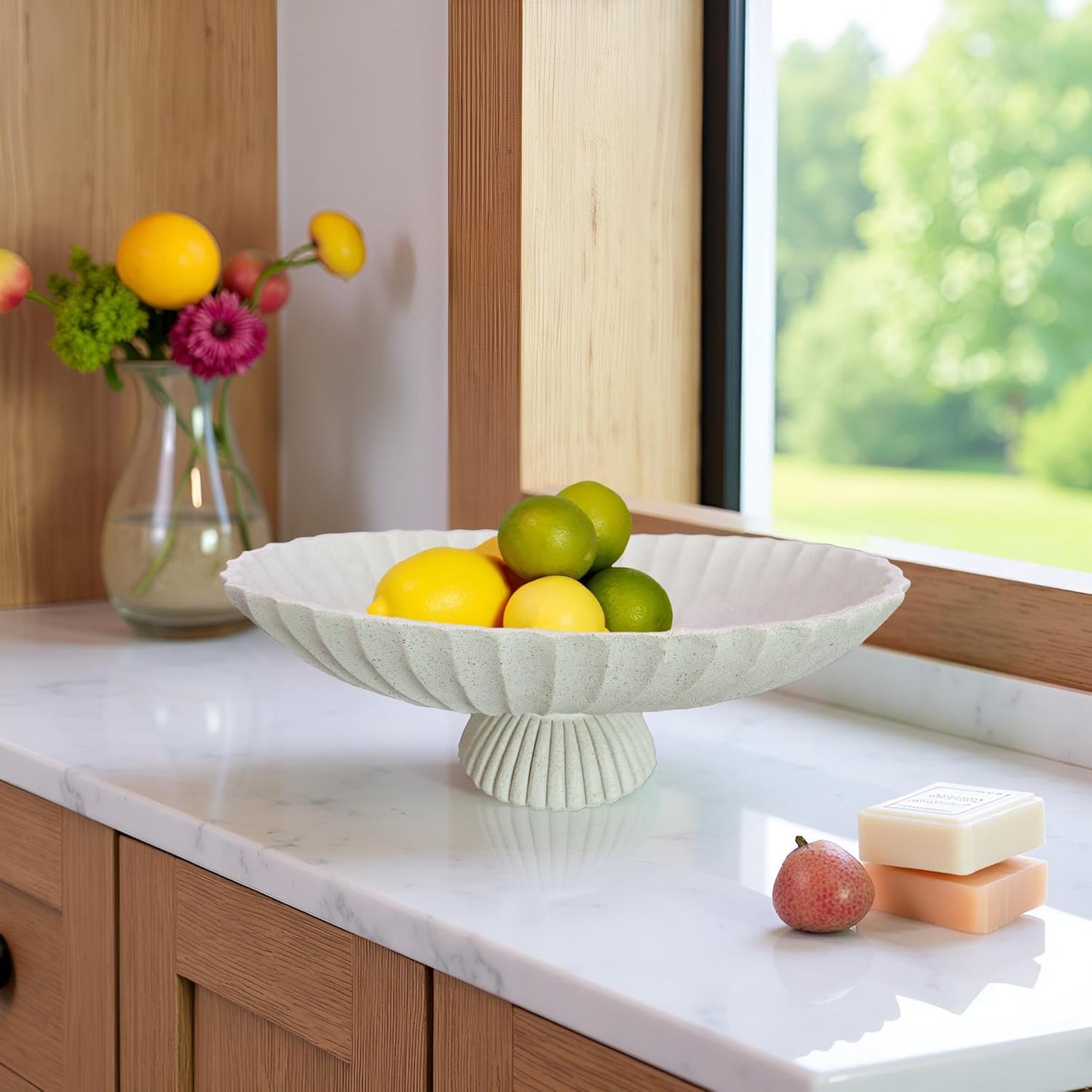 14.5" Large Decorative Long Bowl decor - Fluted Scalloped Decorative Bowls for Home Decor - Ruffle Decor,Stylish Key Bowl for Entry Table,Decorative Fruit Bowls for Kitchen Counter,Light Gray