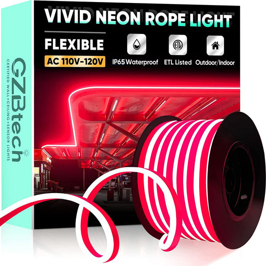 GZBtech Flexible LED Neon Rope Lights 50FT,AC 110-120V Waterproof Strip Light, 120 LEDs/M Cuttable Connectable Neon Lighting for Indoor Outdoor Home Decor/Commercial Building Use-Red 15M