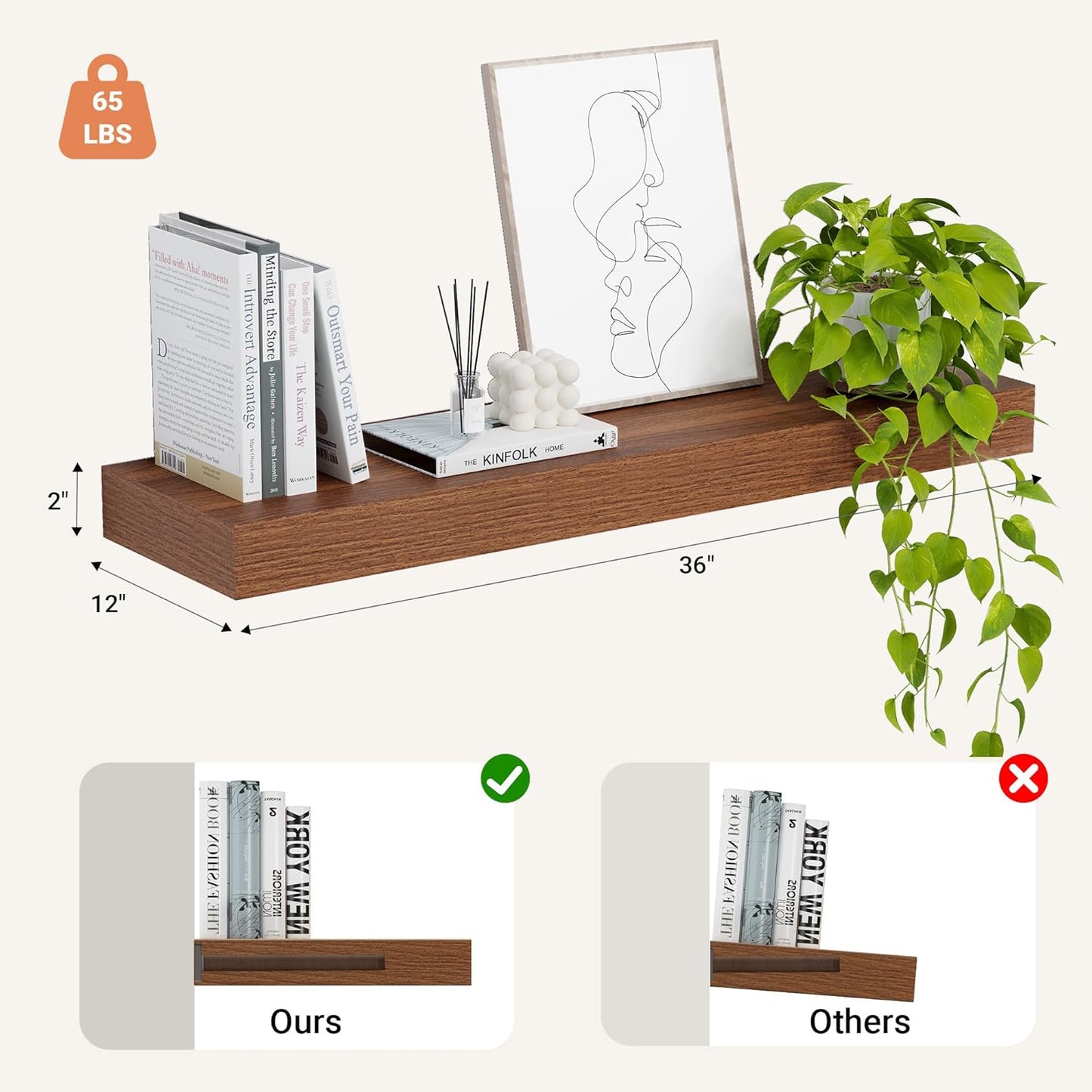 Heimlove 12" Deep Floating Shelves, 36 x 12 Inch Wall Mounted Long Floating Shelf with Invisible Brackets, for Home Decor, Bedroom, Kitchen, Living Room, Bathroom - 1 Pack, Walnut