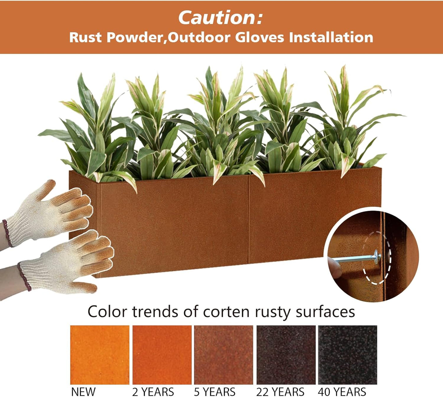 Corten Steel Metallic Heavy Planter for Outdoor Plants 14"x14"x30" Metal Planter Spliced Flower Pot with Partitions for Outside,Indoor,Garden (Corten, 14 * 14 * 30)