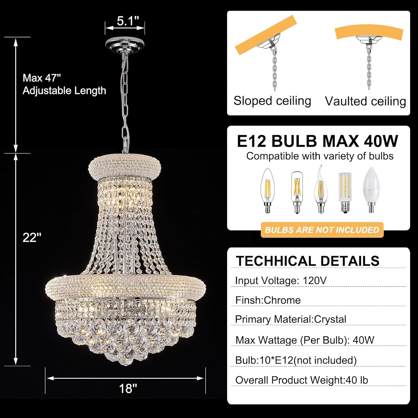 10 - Light Unique Empire Crystal Chandelier for Dining Room Foyer Entryway Living Room Bedroom Chrome Finish