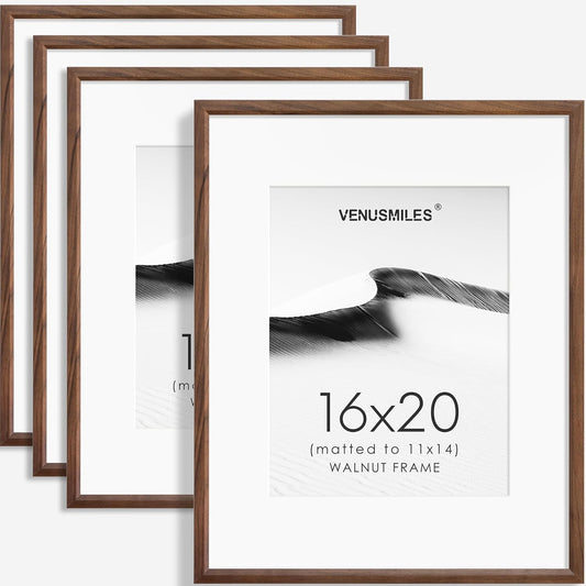 16x20 Picture Frame Set of 4 Natural Solid Walnut Photo Frames with 11x14 Removable Mat Wall Hanging Large Handcrafted Frame with HD Plexiglass Wall and Tabletop Display Large Poster Frame