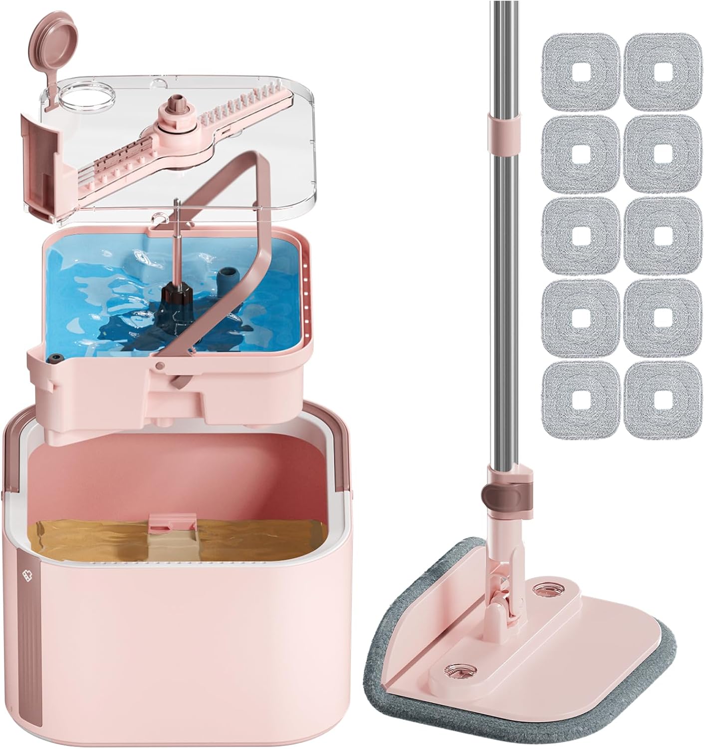 Upgraded Spin Mop and Bucket Self-Standing Mop Bucket Separate Dirty and Clean Water System Self Wringing 360° Rotating & 90° Foldabl Mops and Buckets for Floor Cleaning (Pink, 10Pads)