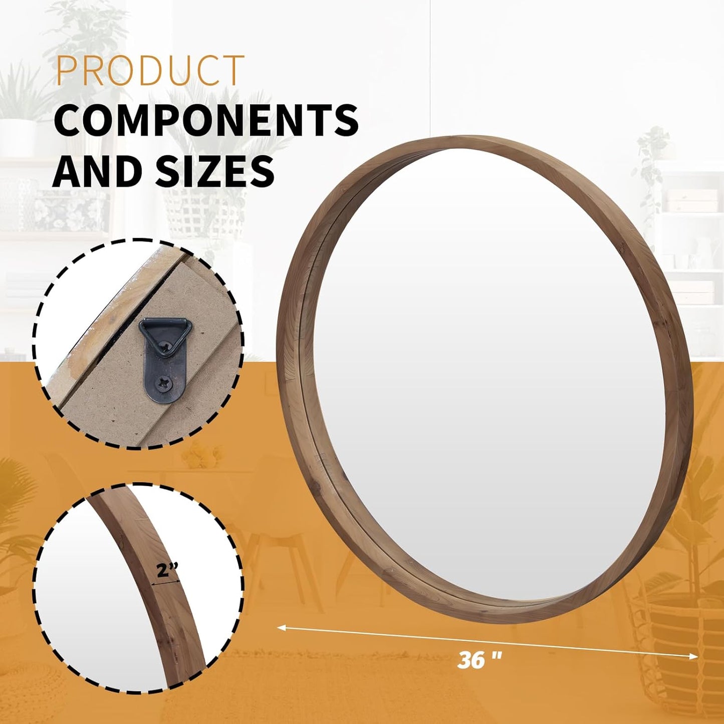 36" Bathroom Mirror, Round Wall Mirror with Wood Frame, Farmhouse Mirror for Wall Decor, Wall-Mounted Mirror for Bedroom, Living Room, Brown