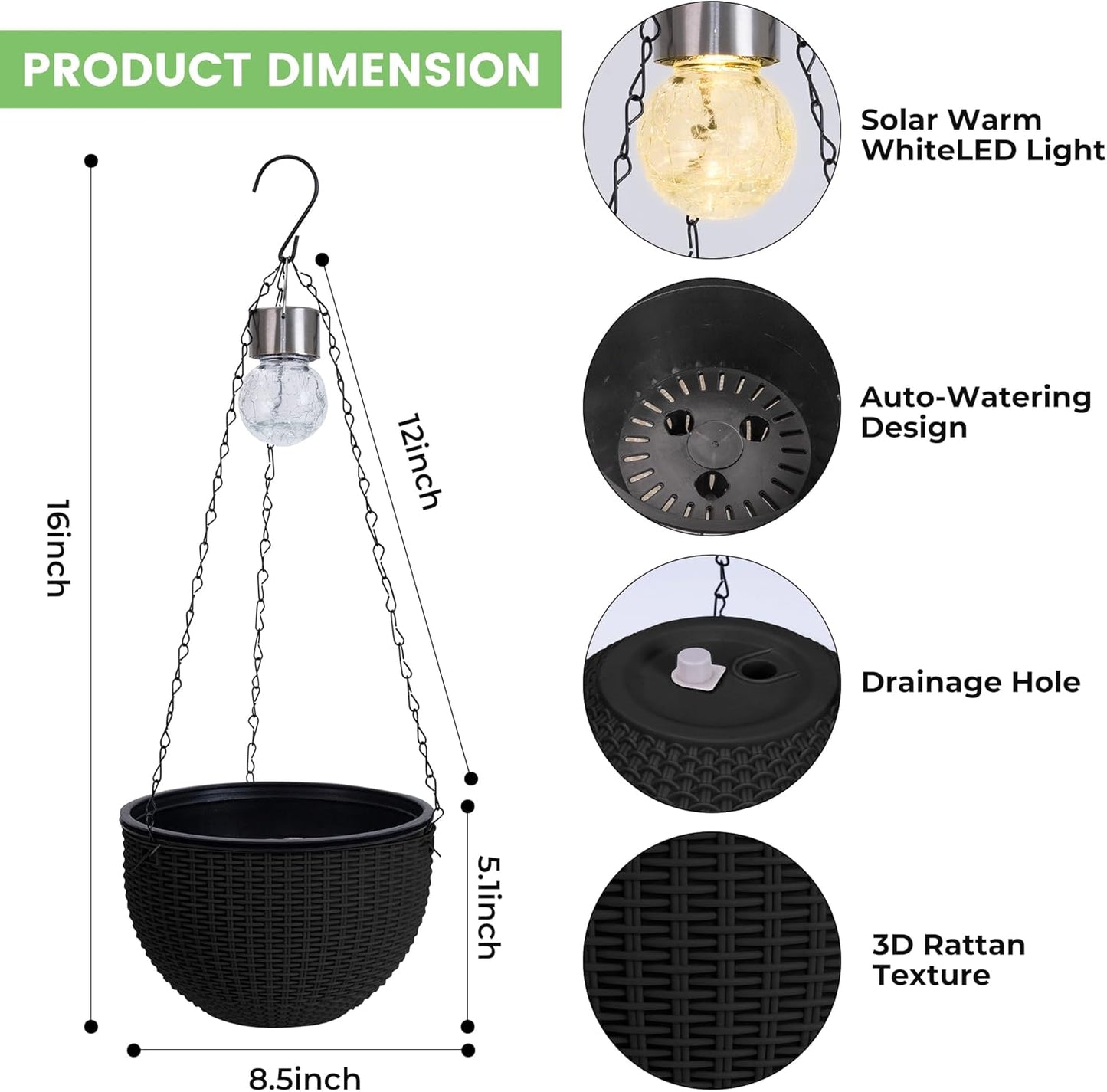 Hanging Baskets for Plants Outdoor - 2 Pack Black Plastic Solar Flower Pots with Drainage Holes & Removable Saucer, Self-Watering Hanging Planters for Garden, Porch, Balcony, Patio