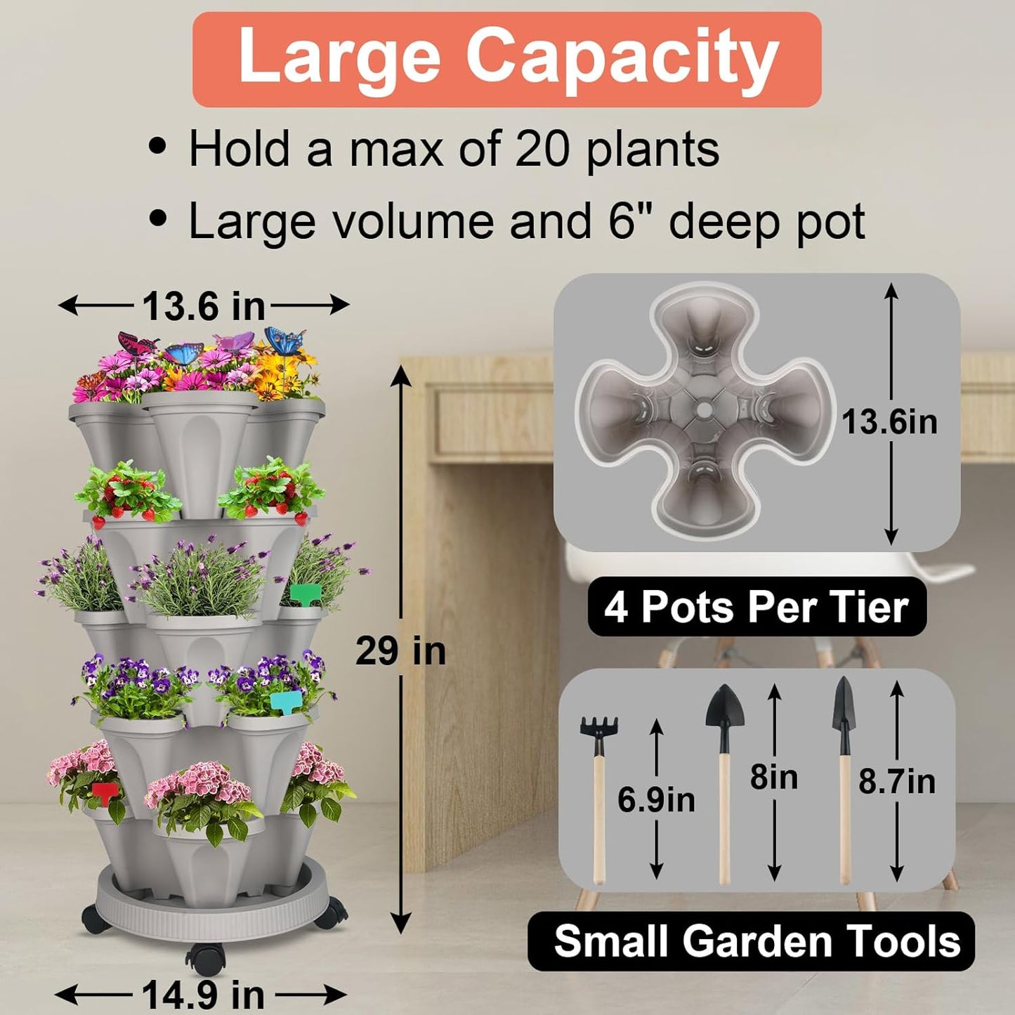 DUNCHATY Stackable Planter, Vertical Strawberry Planter with Garen Tool Set, Self Watering Garden Planter Indoor/Outdoor 5 Tier Herb Planter Pots for Growing Vegetables and Succulents, Gray