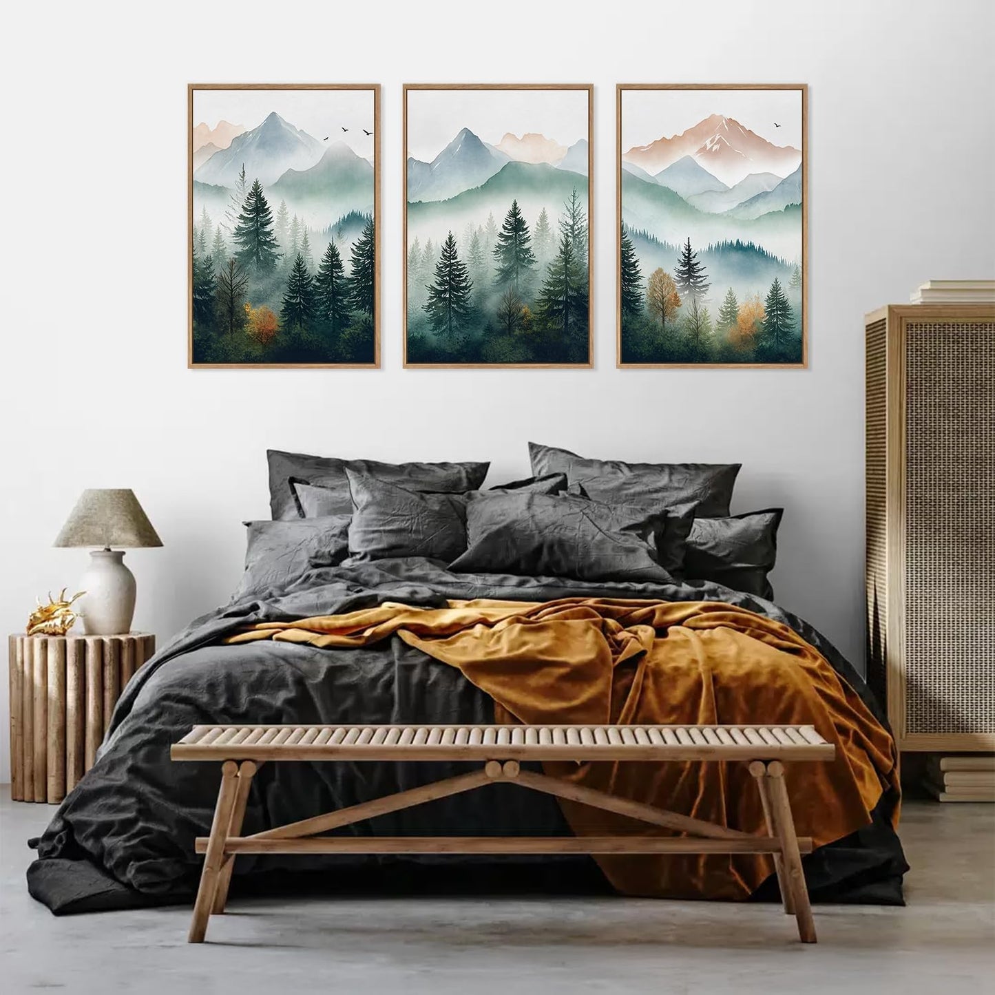 HLNIUC Misty Mountain Forest Framed Wall Art Set,Green Fog Pine Tree Wall Decor,White Foggy Forest Senic Canvas Wall Painting,Fogforest Landscape Art Print for Living Room,Bedroom,Office - 16”x24”x3