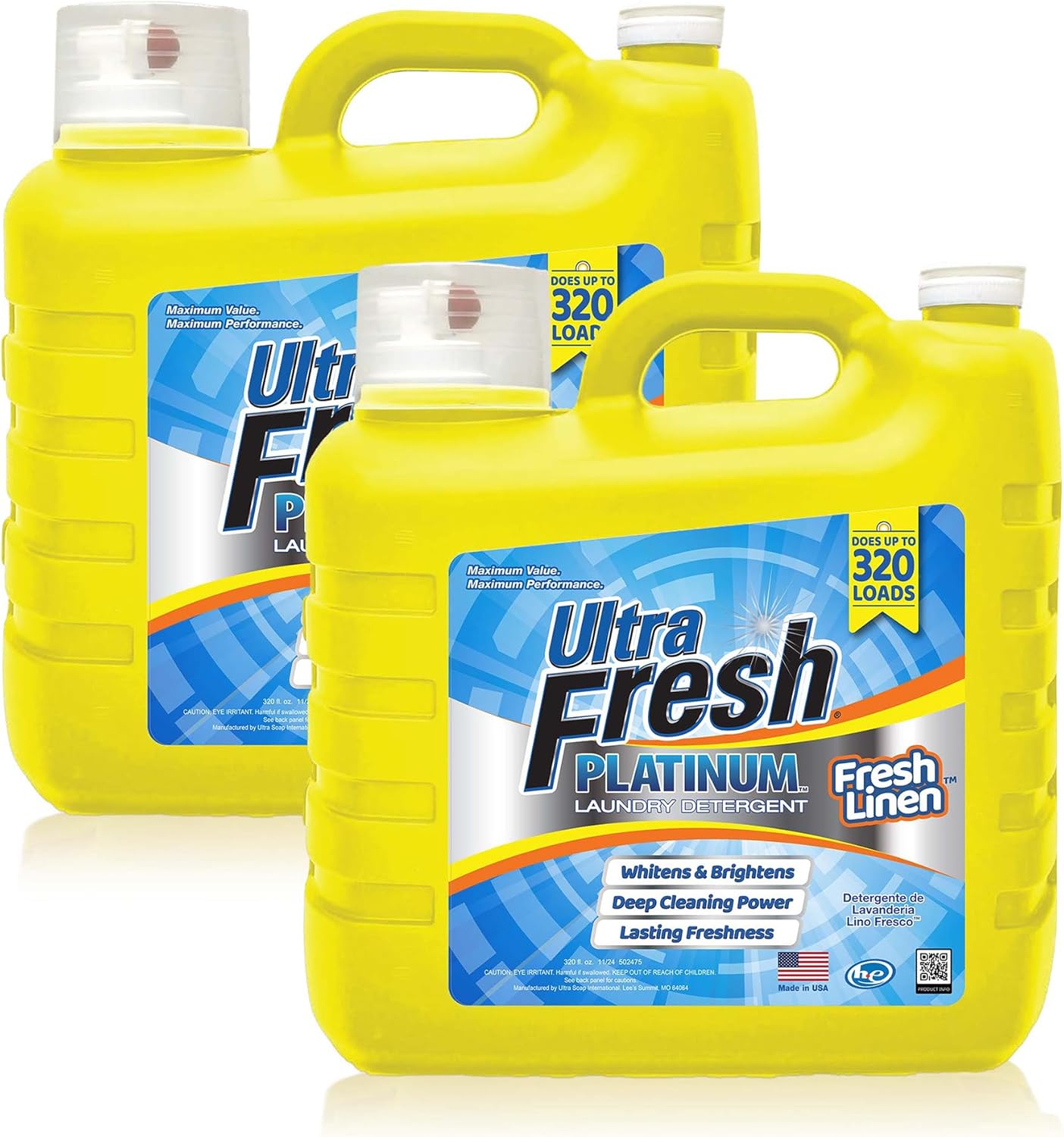 Ultra Fresh 2 Pack Platinum Liquid Laundry Detergent up to 320 Loads, Fresh Linen - Deep Cleaning Power and Fresh Scent for Washing Clothes