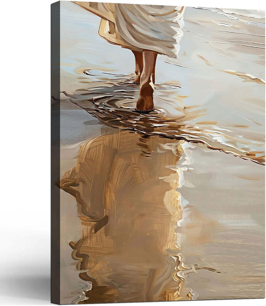 Framed Jesus Walking on the Beach Christian Religious Coastal FaithWall Art Decor Canvas Print Poster Gallery Picture Artwork for Living Room Bedroom 16x24 Inch Ready to Hang