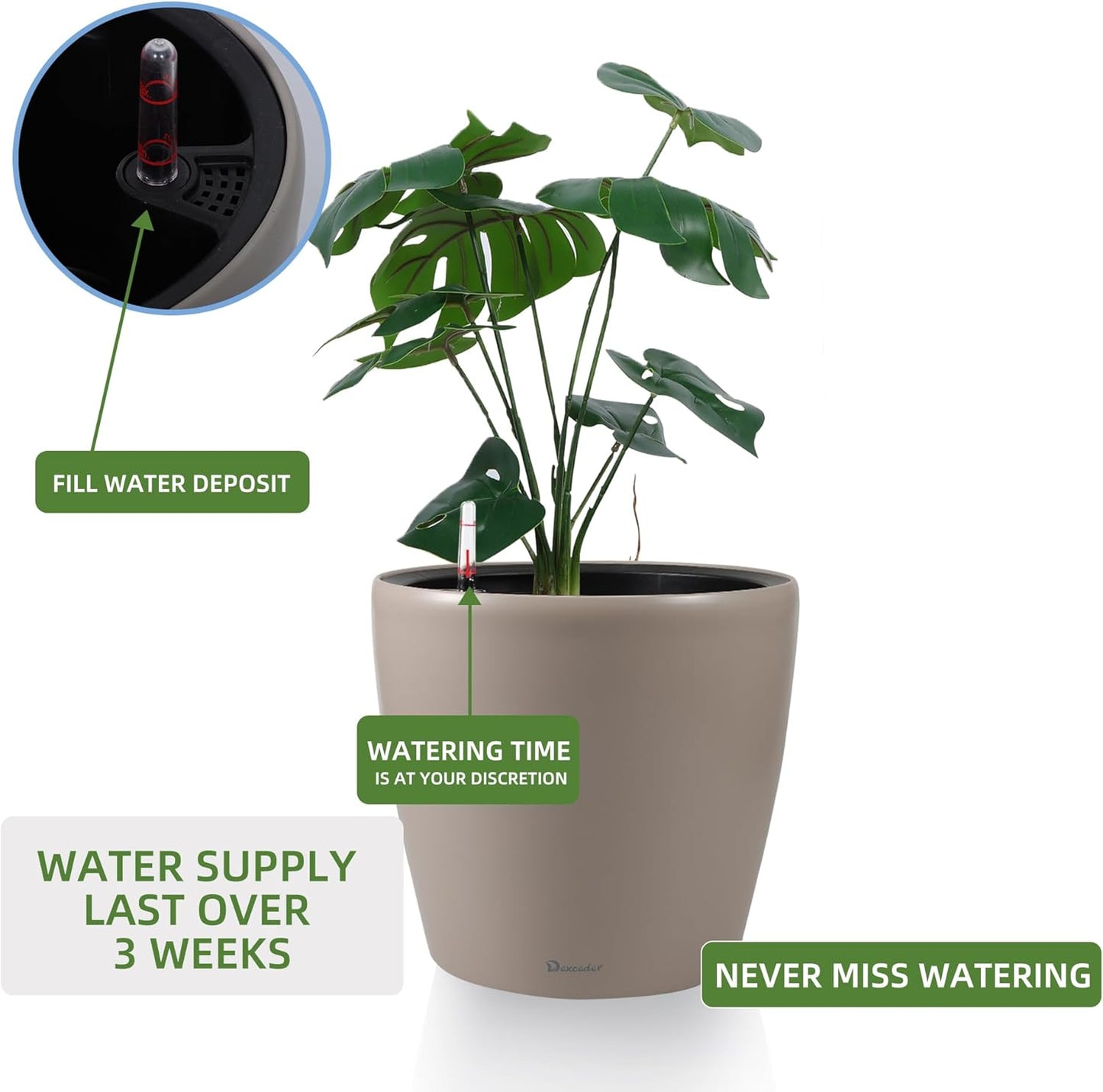 Dexceder 11x10 Inches Self Watering Planter Indoor Outdoor, Inner Pot Design, Thickened Table Flower Plant Pot with Water Level Indicator (Taupe Matte)